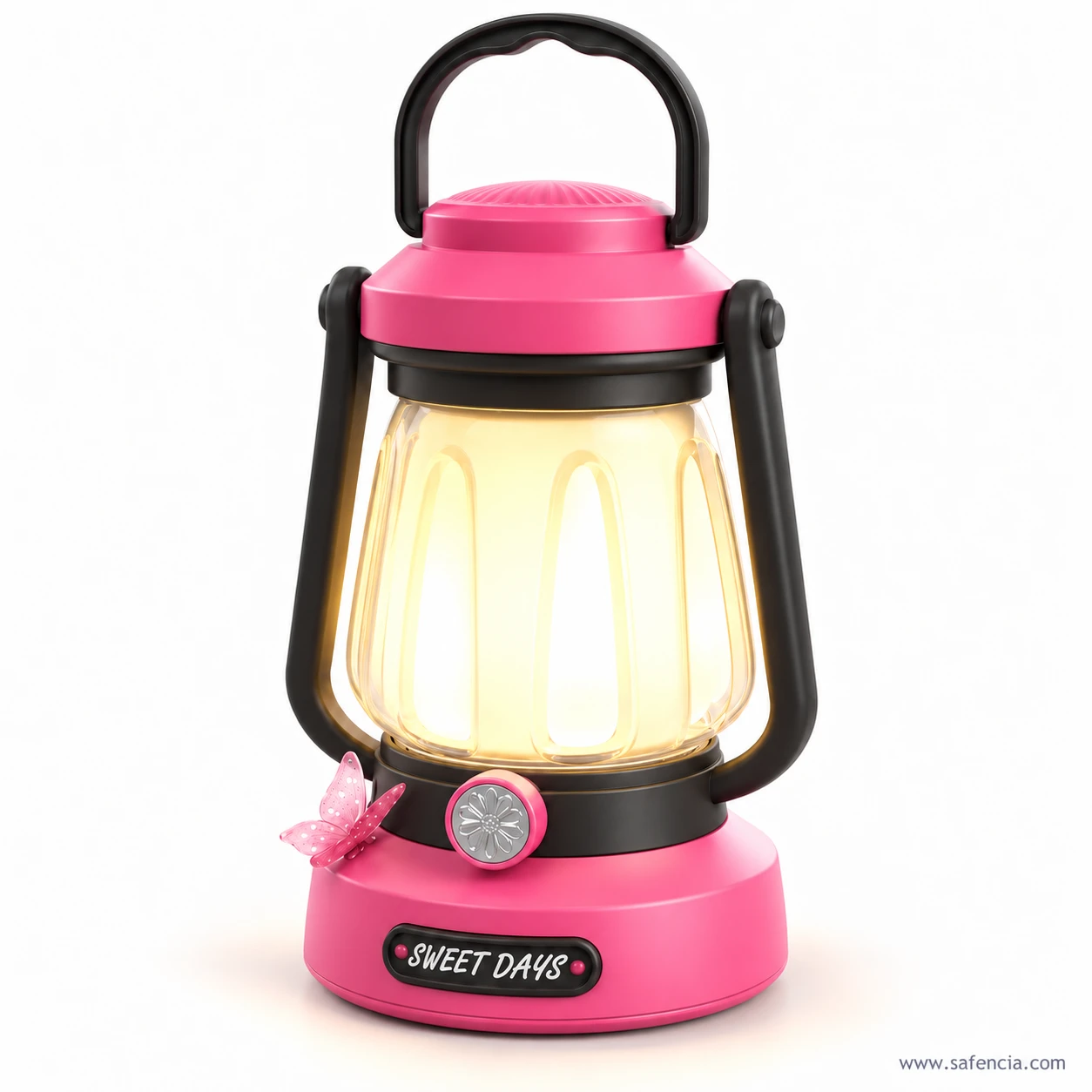 Pink Sweet Days LED lantern lamp with black handles and trim, glowing warm yellow, a pink butterfly beside its silver knob