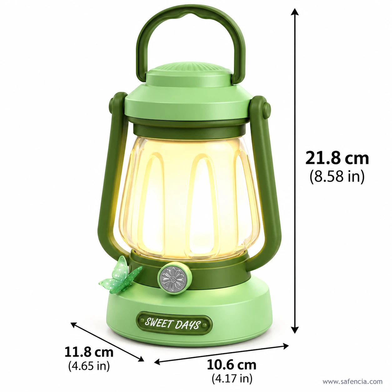 Sweet Days LED lantern measured at 21.8 cm tall, standing on a base about 11.8 cm by 10.6 cm