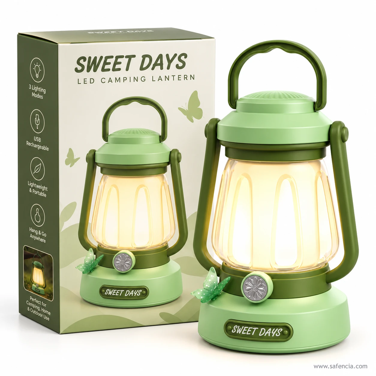 Green Sweet Days lantern glowing warm yellow beside its pale green box labelled Sweet Days LED Camping Lantern