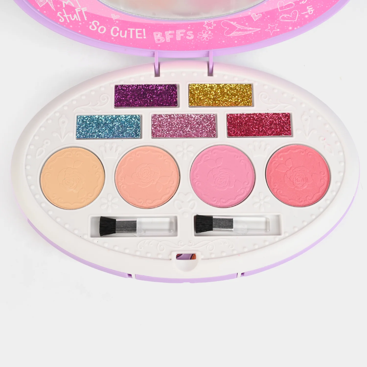 Sweet Glitz Beauty Compact open view - glitter eyeshadows, blushes and applicators