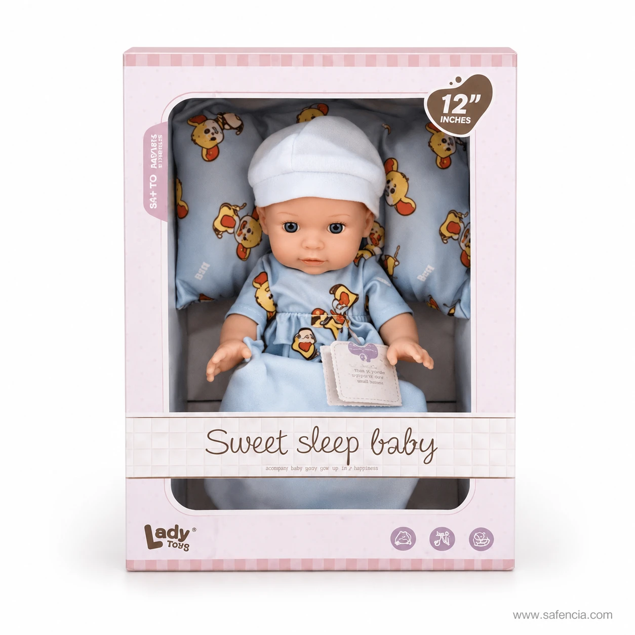 Sweet Sleep baby doll window gift box with the twelve inch badge printed on the front corner