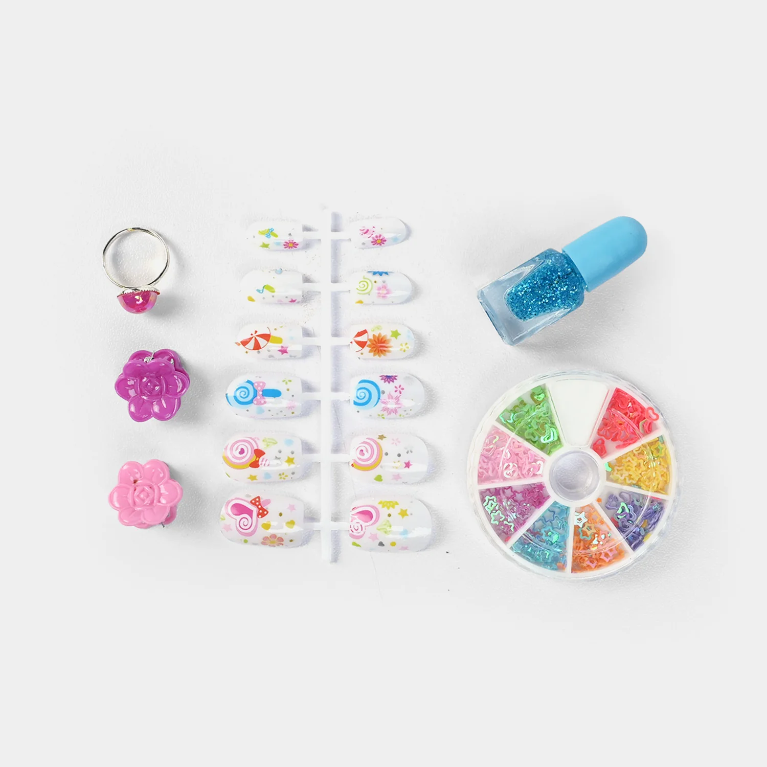 Sweet Swirl Nail & Ring Set open view - press-on nails, decoration wheel, nail polish and rings