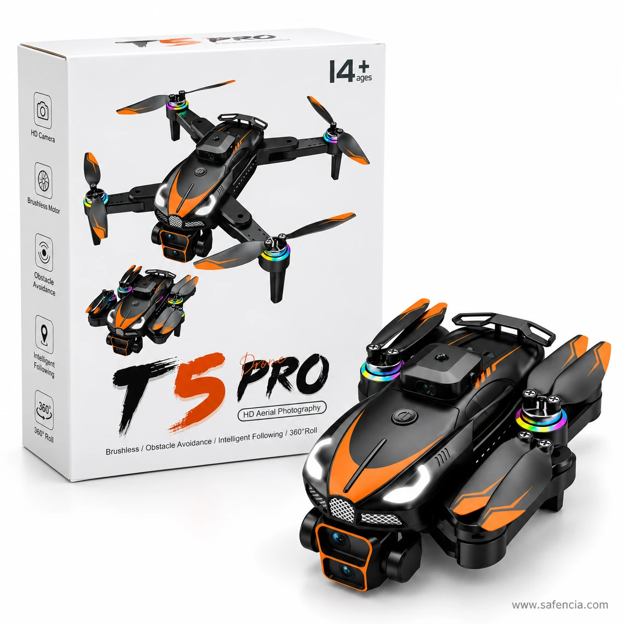 Black T5 Pro drone folded beside its retail box printed with HD camera, brushless motor, obstacle avoidance and 14+ marks