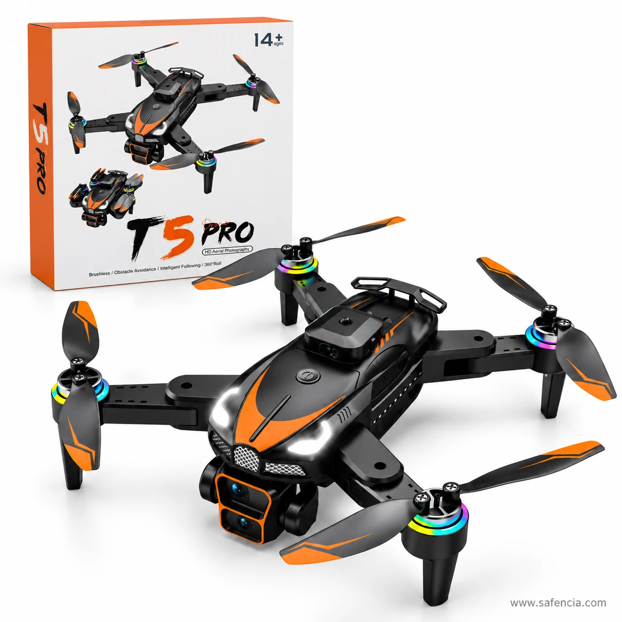 Black and orange T5 Pro drone unfolded in front of an orange T5 Pro retail box printed with the drone