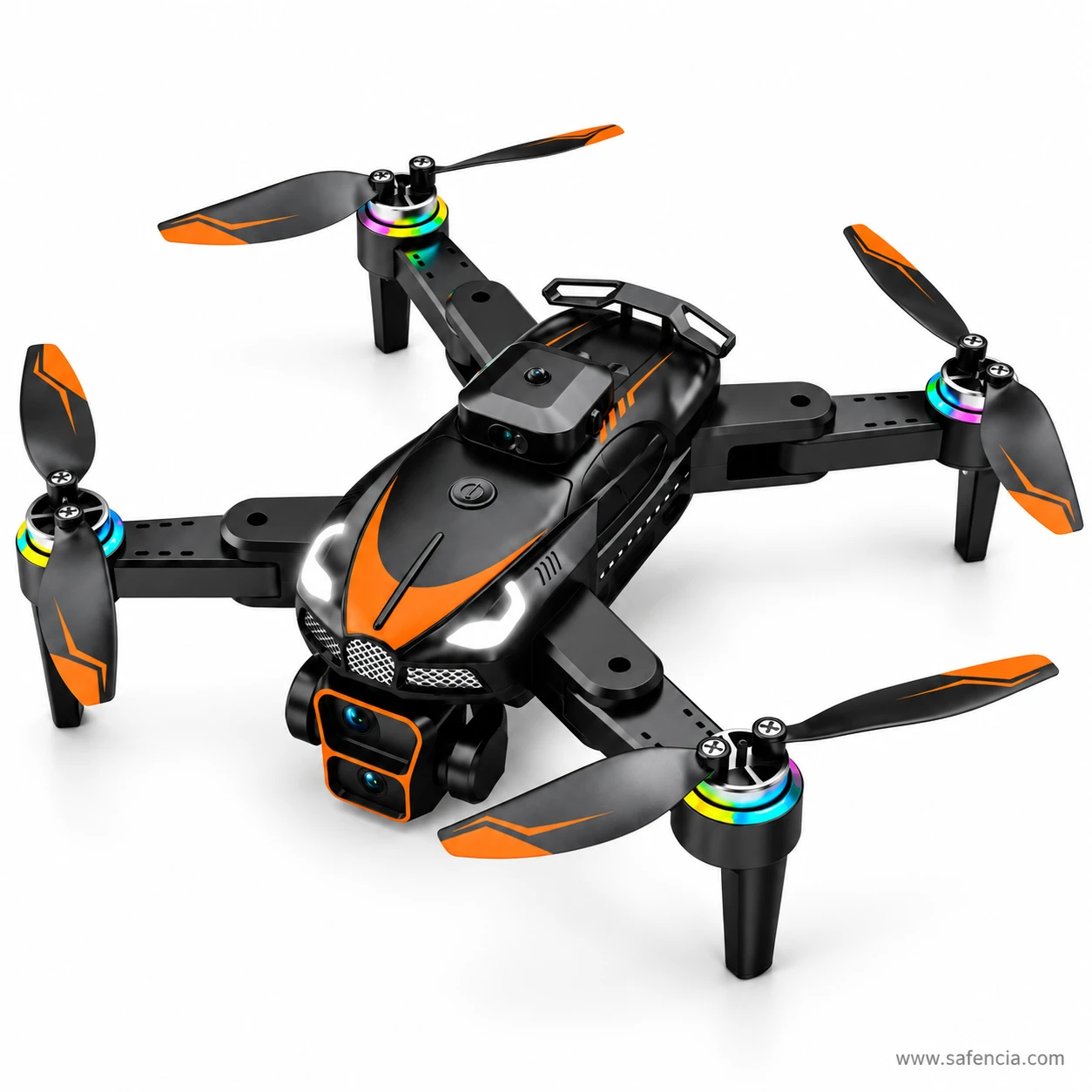 Close three-quarter view of the black T5 Pro drone showing the stacked dual camera lenses, mesh grille and white eyebrow LED headlights