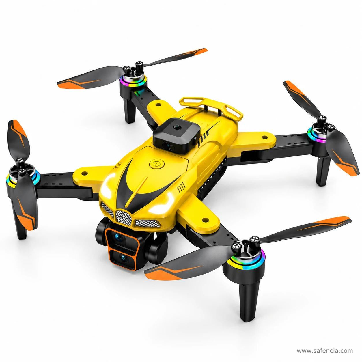 T5 Pro drone in yellow with black stripes, unfolded, showing the top sensor block, LED headlights and orange-tipped propellers