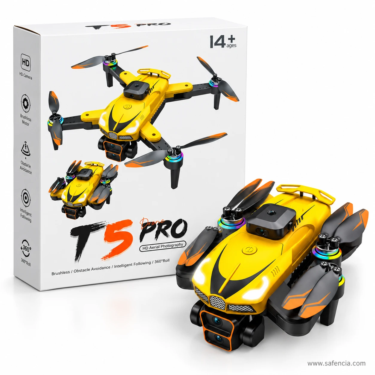 Yellow T5 Pro drone with arms folded beside the white T5 Pro box showing HD Aerial Photography and the 14+ age mark
