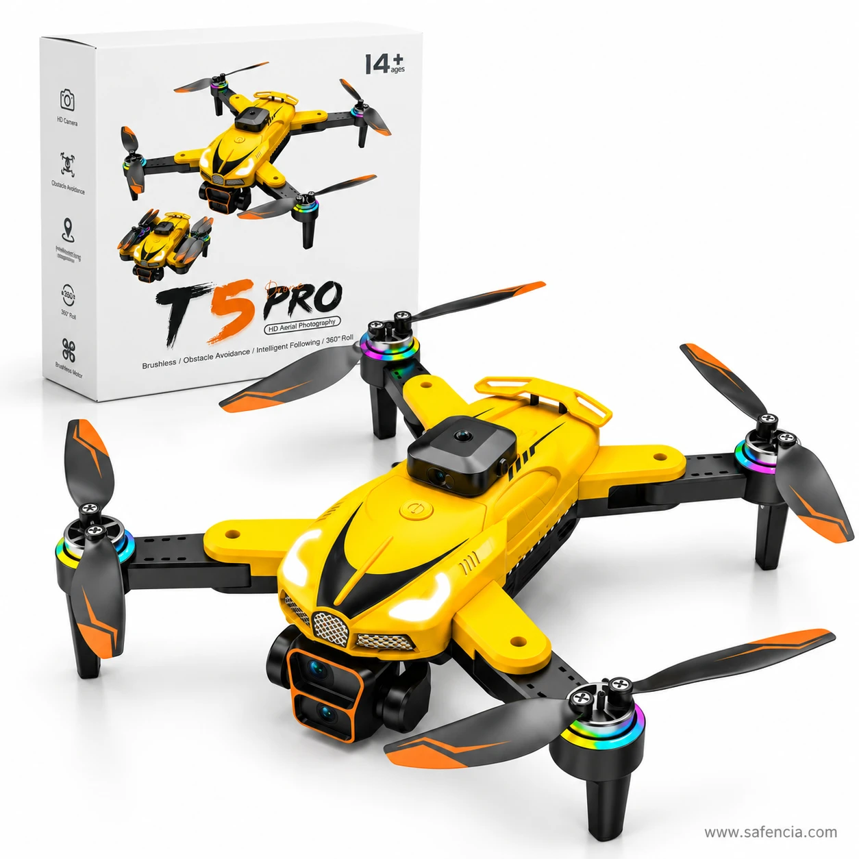 Yellow T5 Pro drone unfolded with propellers out in front of its box, showing the four tall landing legs