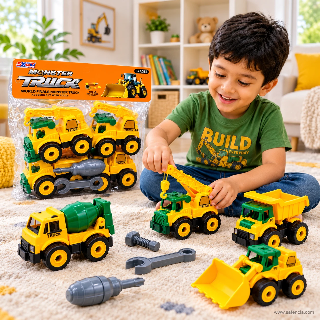Smiling boy on a rug playing with the yellow crane, mixer, dump truck and loader toys, the pack and tools beside him