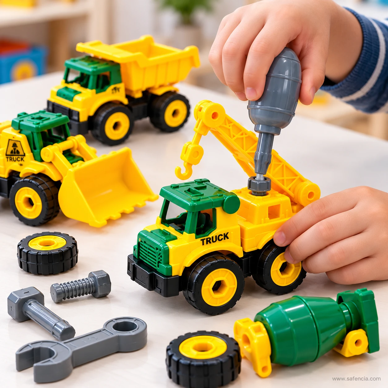 Child's hands using the grey toy screwdriver on the crane truck, with a loose wheel, bolt and mixer drum on the table