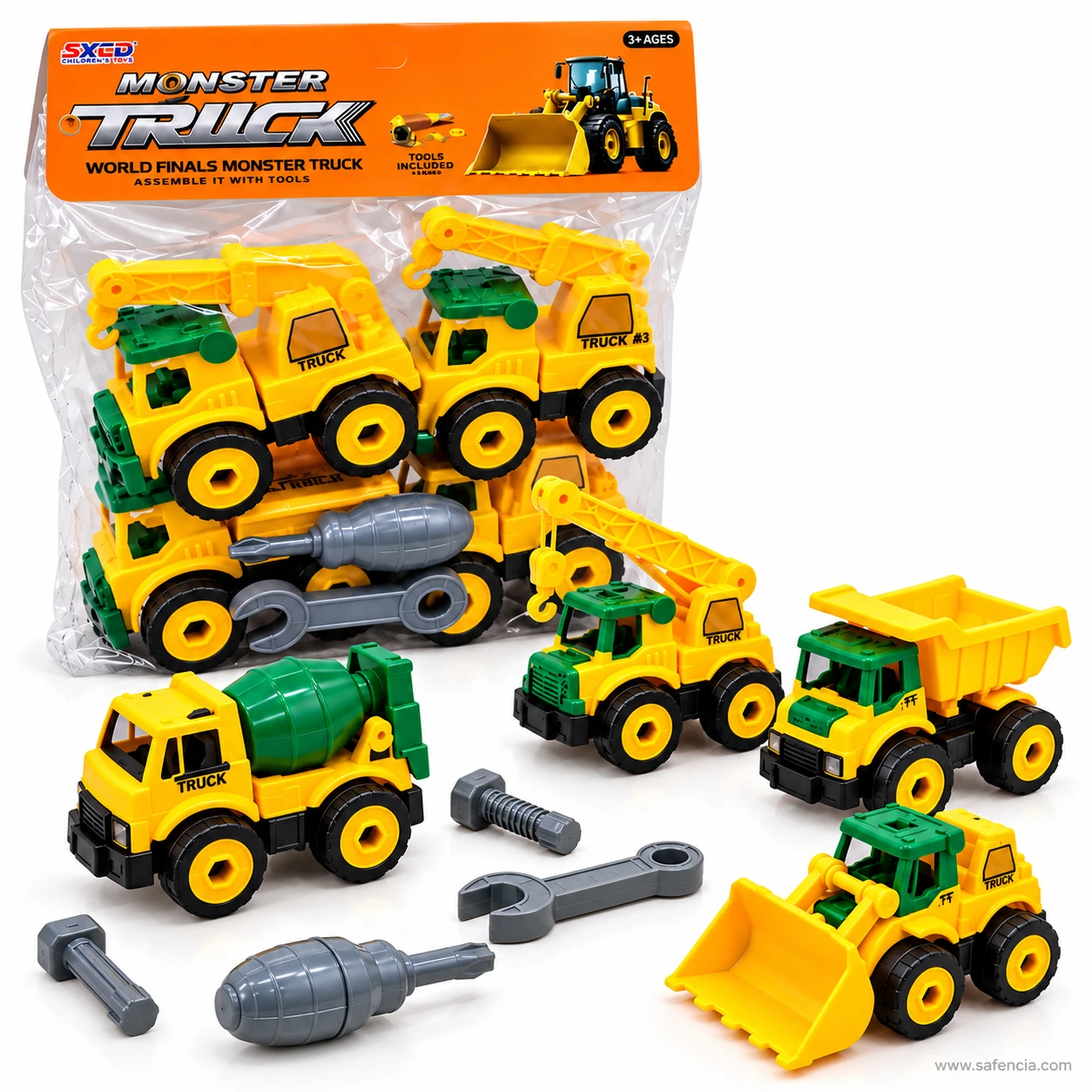 Front of the construction truck toy pack marked 3+ ages, with the mixer, crane, dump truck and loader in front