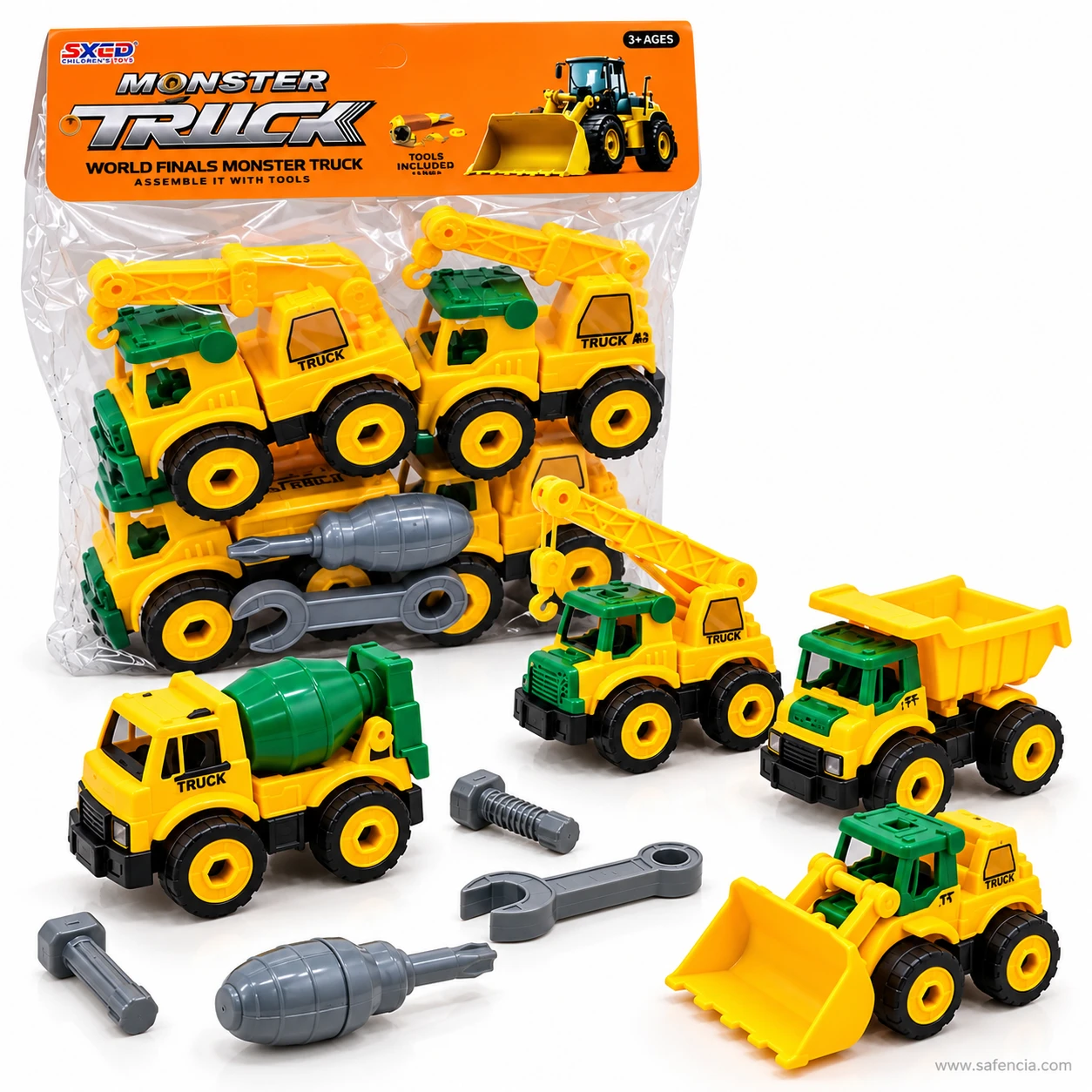 Full construction truck toy set: pack, crane truck, cement mixer, dump truck and loader, with the wrench, bolts and screwdriver