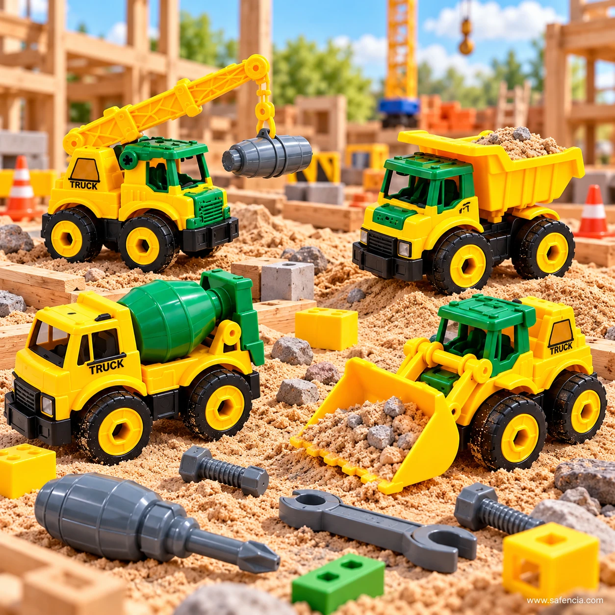 Crane truck, dump truck, cement mixer and front loader toys working in a sandy pretend construction site