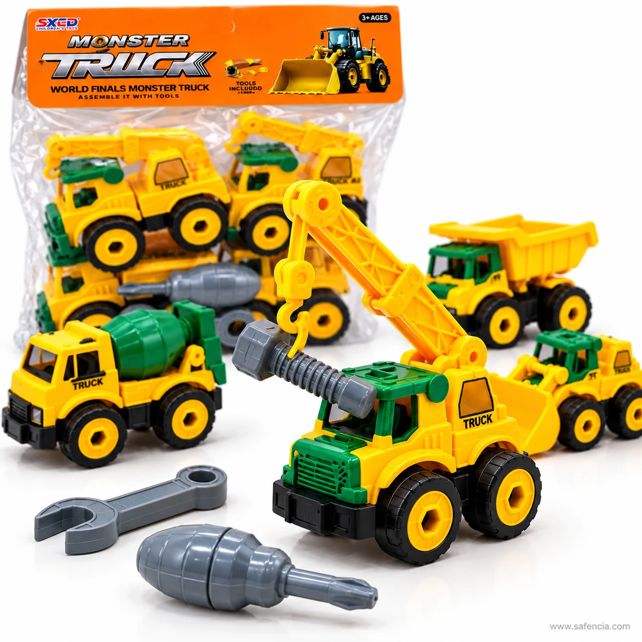 Construction truck set in its printed pack behind a crane truck with a hook, a loader, dump truck and mixer