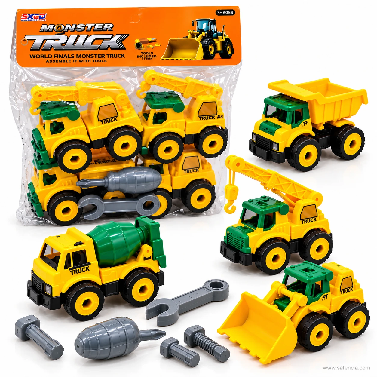Pack with the tools-included mark beside a dump truck, crane truck, mixer and loader, with the screwdriver, wrench and three bolts