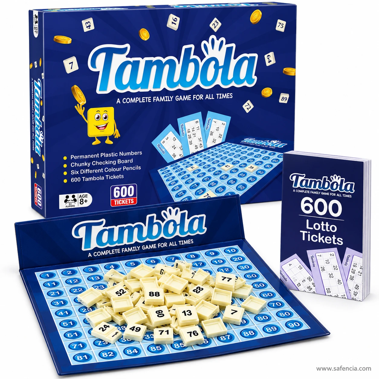 Tambola checking board standing upright with number tiles and a 600 lotto ticket pad