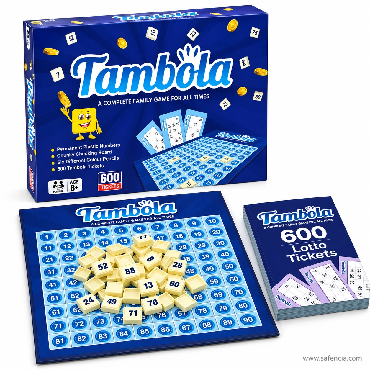 Tambola 1-90 checking board with a pile of permanent plastic number tiles and ticket pad