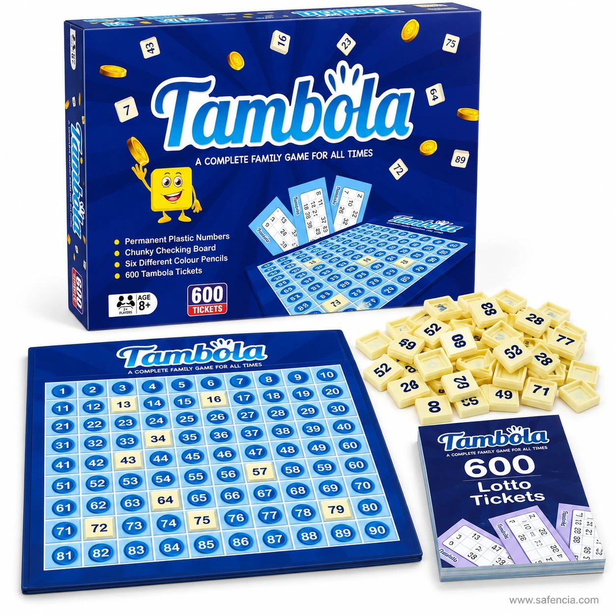 Tambola 1 to 90 number checking board beside the 600 lotto ticket pad and number tiles
