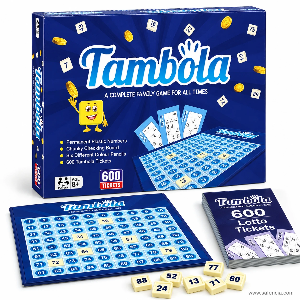 Tambola housie game box front showing 600 tickets badge and age 8 plus guidance