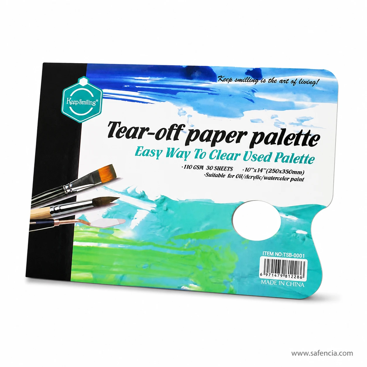 Angled view of the tear-off palette pad showing the stack of sheets
