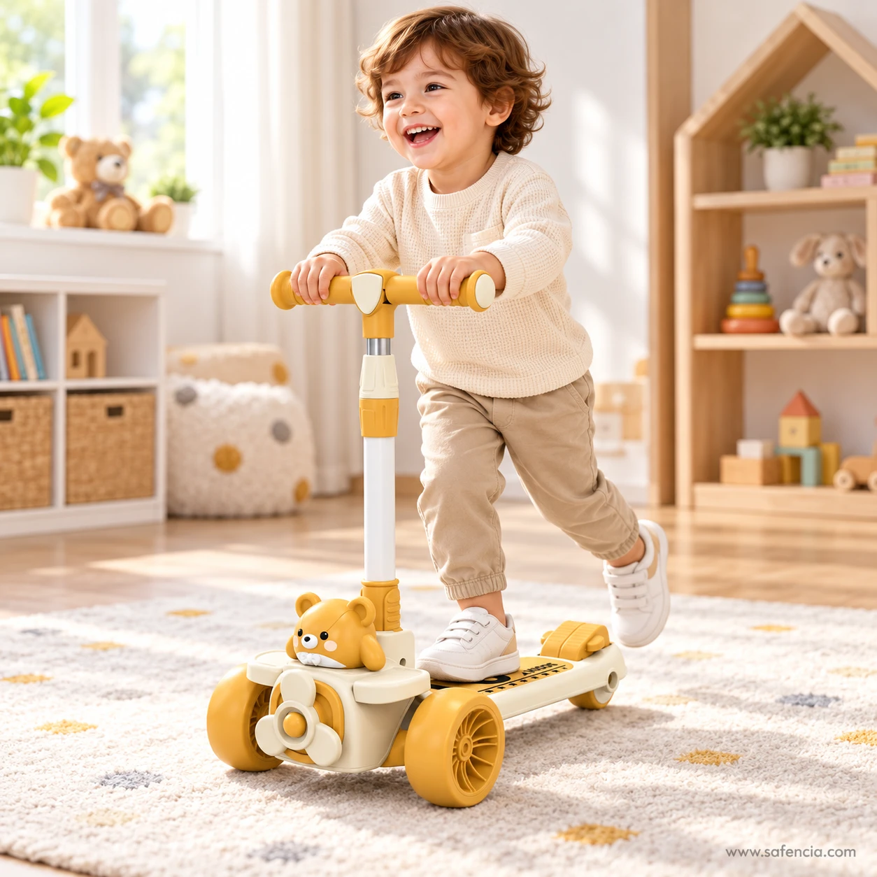 Happy young boy riding the teddy bear airplane kids scooty across a playroom