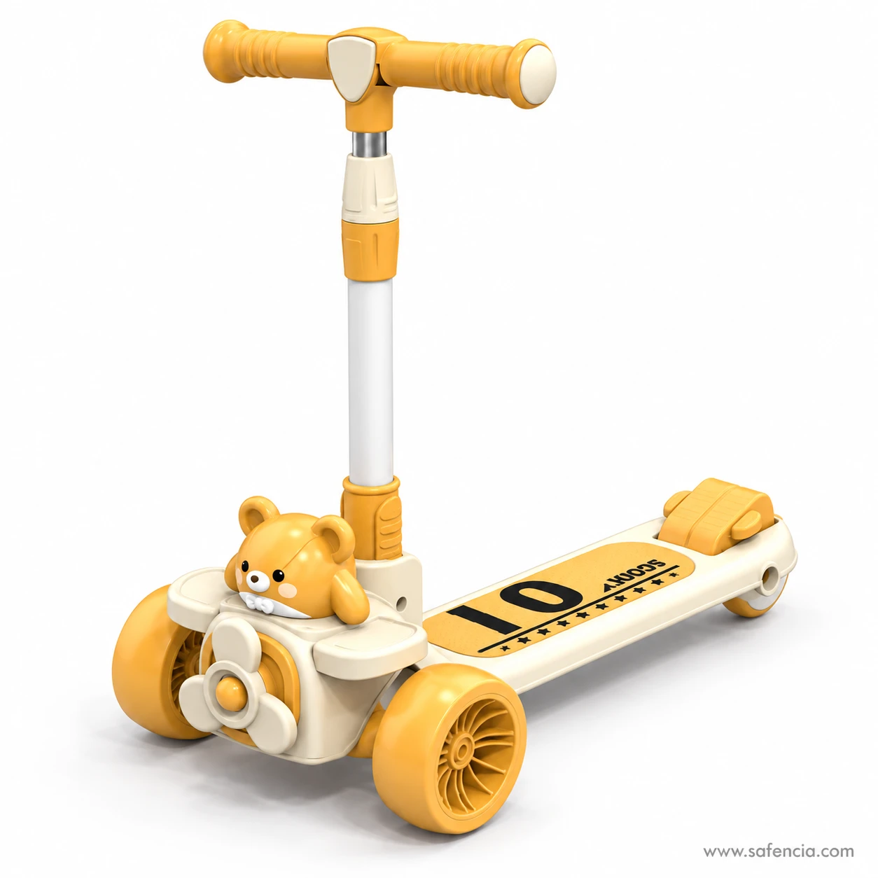 Teddy bear airplane kids scooty from the front corner showing the racing number 10 deck and yellow wheels