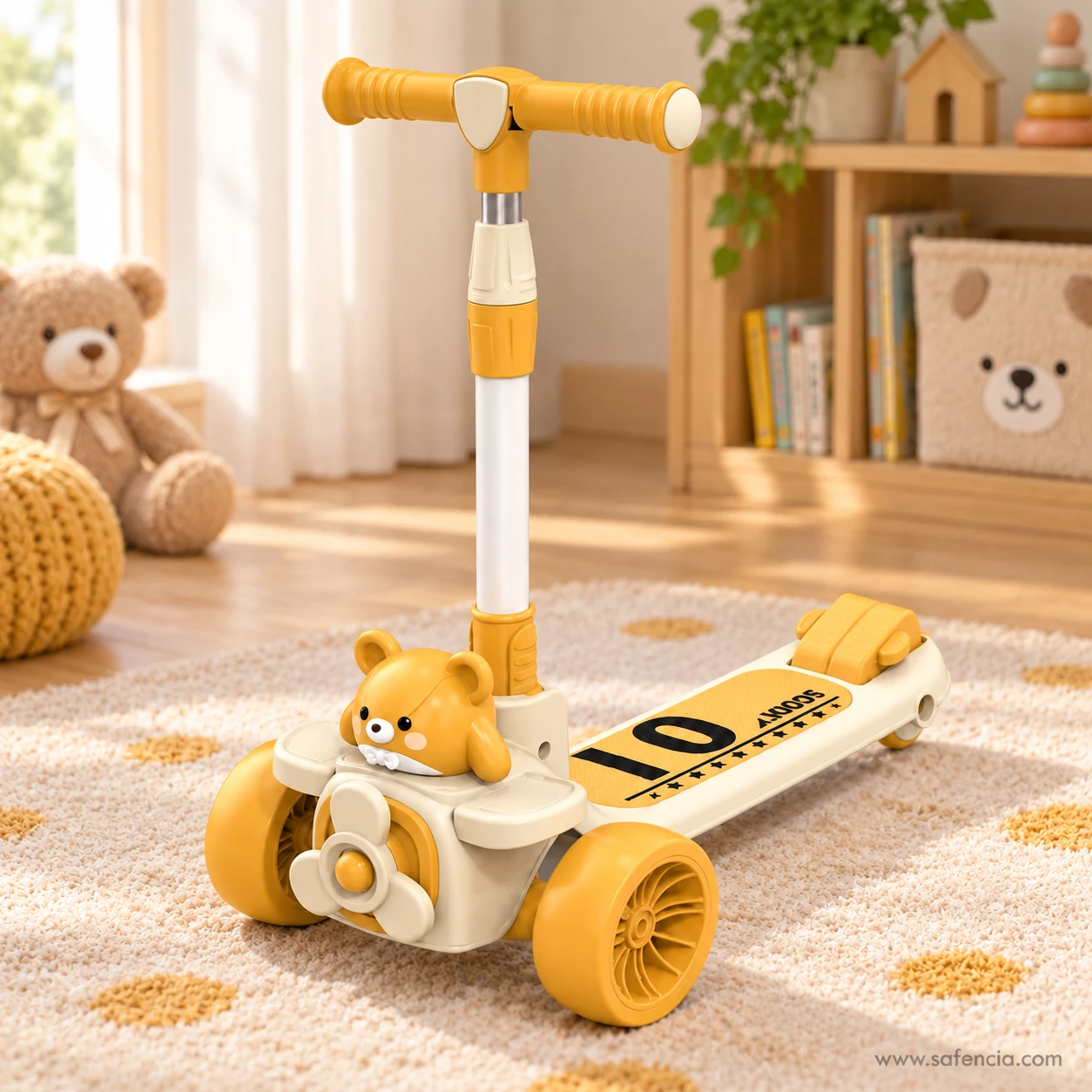 Teddy bear airplane kids scooty on a rug in a playroom with a teddy bear and bookshelves