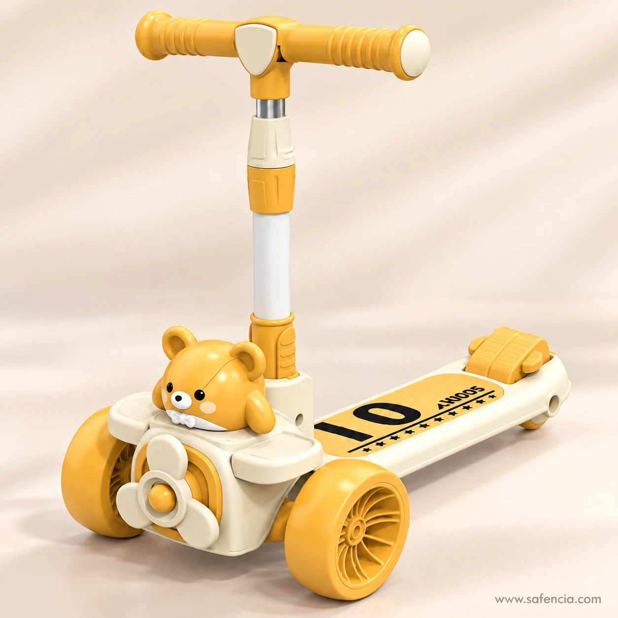 Teddy bear airplane kids scooty on a soft cream background showing the mustard handlebar