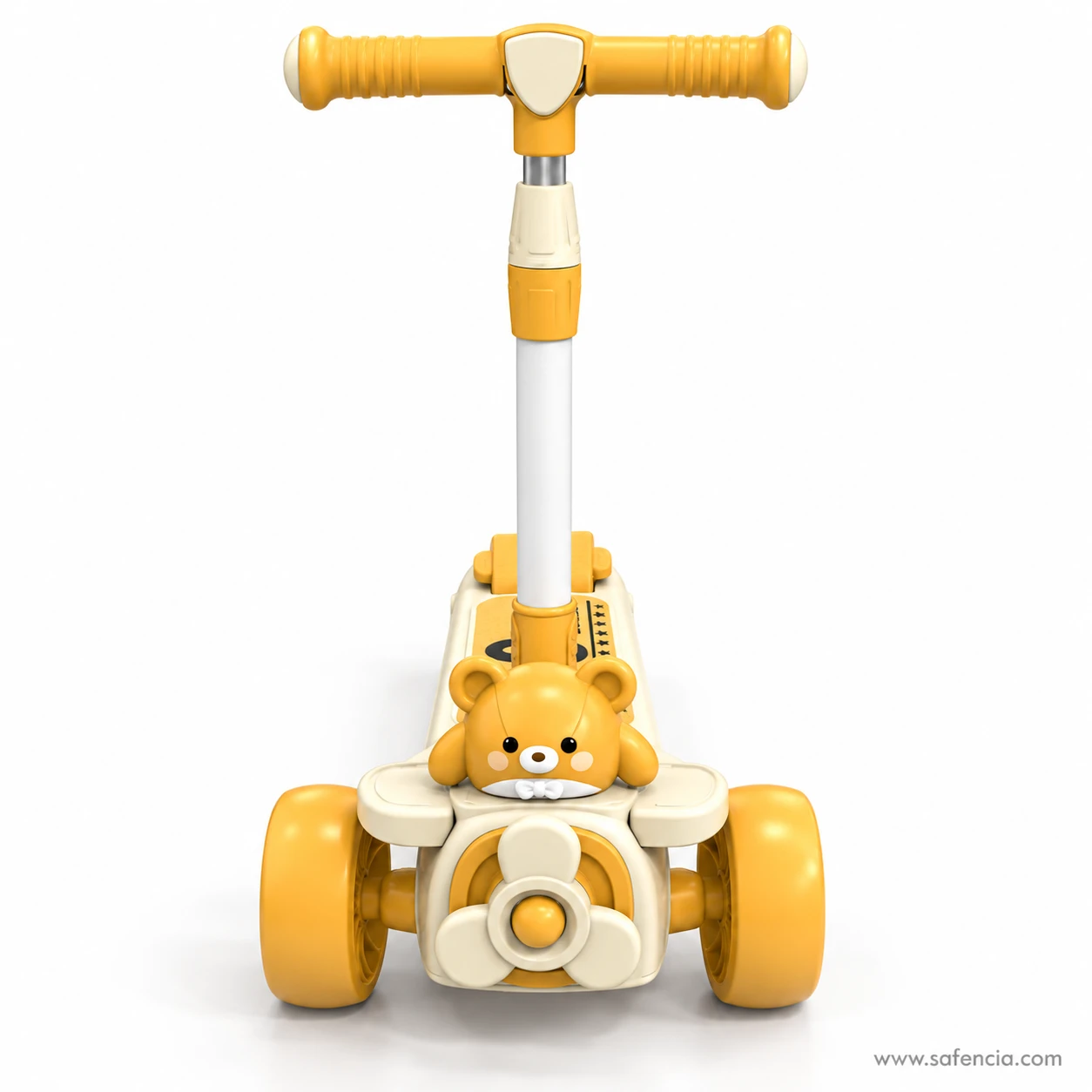 Front view of the teddy bear airplane kids scooty with the bear pilot above the cream propeller