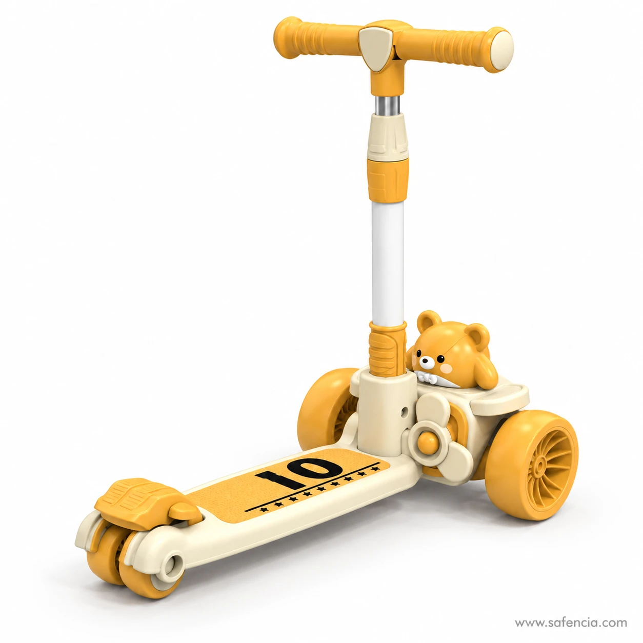 Side view of the teddy bear airplane kids scooty showing the long deck and chunky yellow wheels