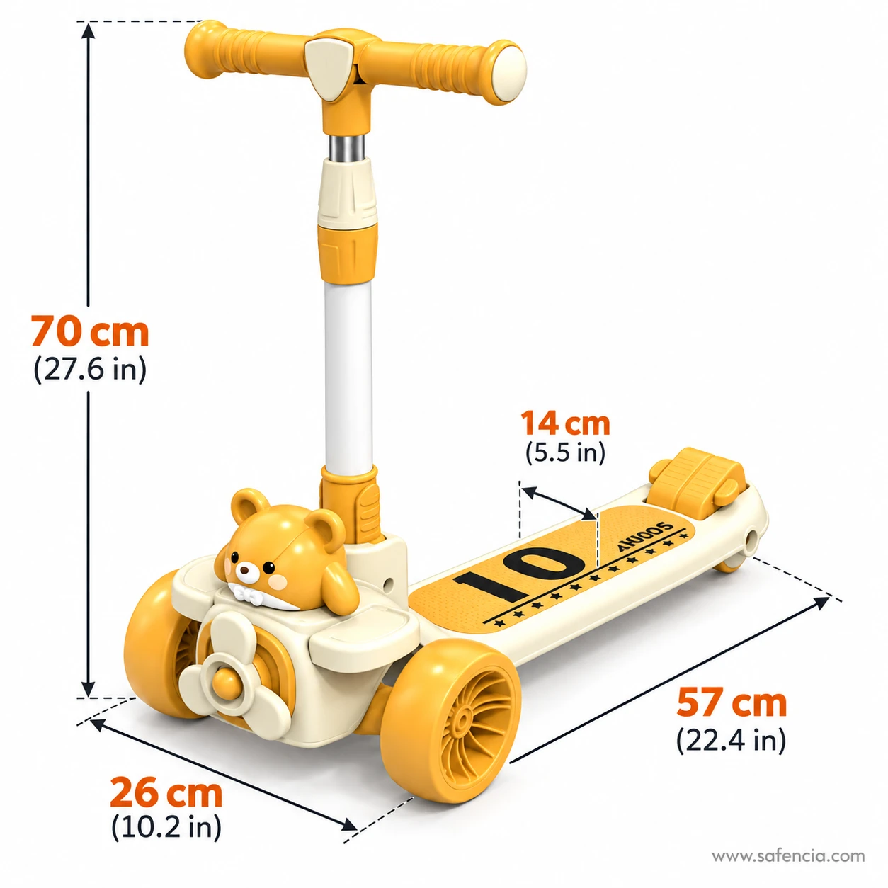 Teddy bear airplane kids scooty size chart: 70 cm handle, 14 cm deck, 26 cm width, 57 cm length