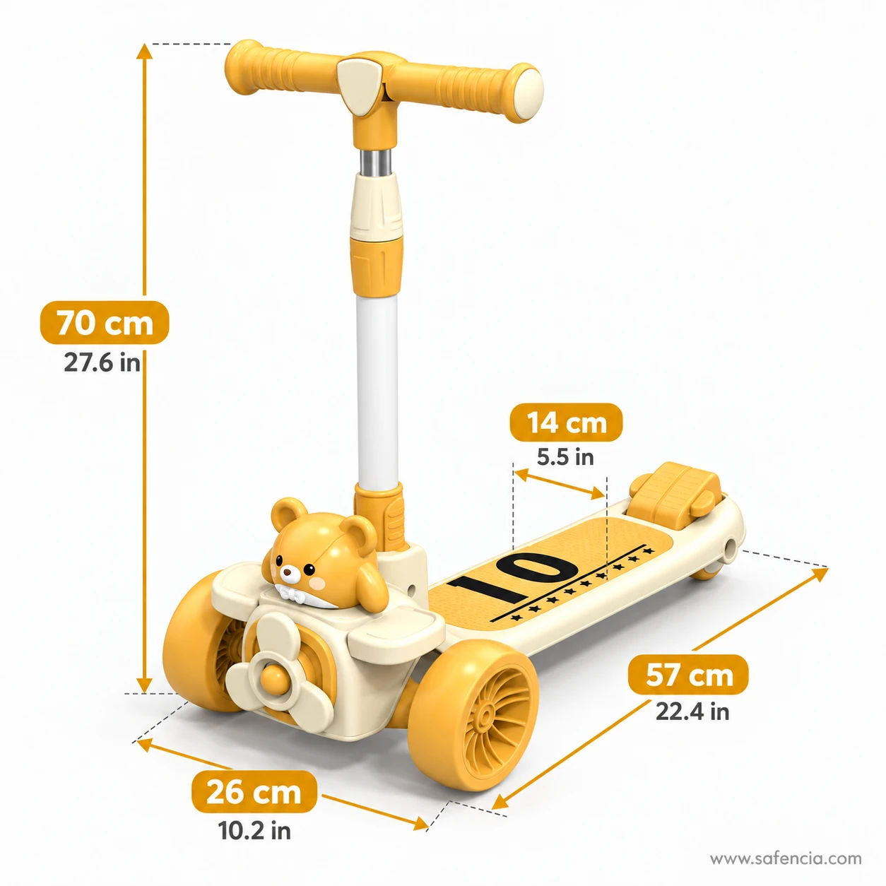Size chart of the teddy bear airplane kids scooty: 70 cm height, 14 cm deck, 26 cm width, 57 cm length