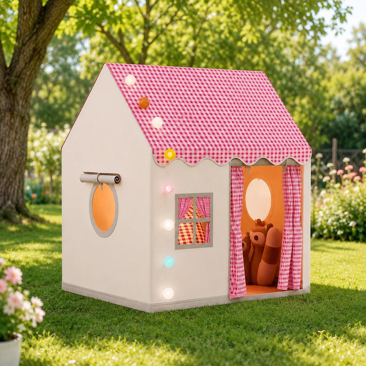 Pink gingham cottage playhouse tent standing on grass in a garden with the doorway curtains open