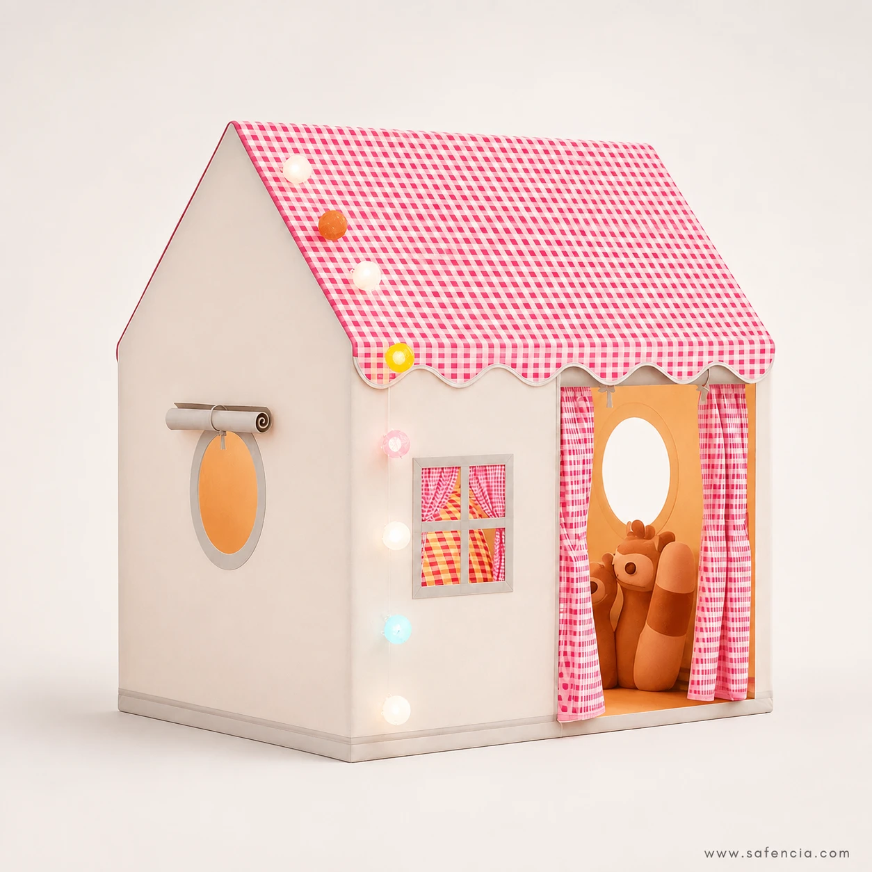 Close view of the cottage playhouse tent scalloped gingham roof edge, cream walls and curtained window
