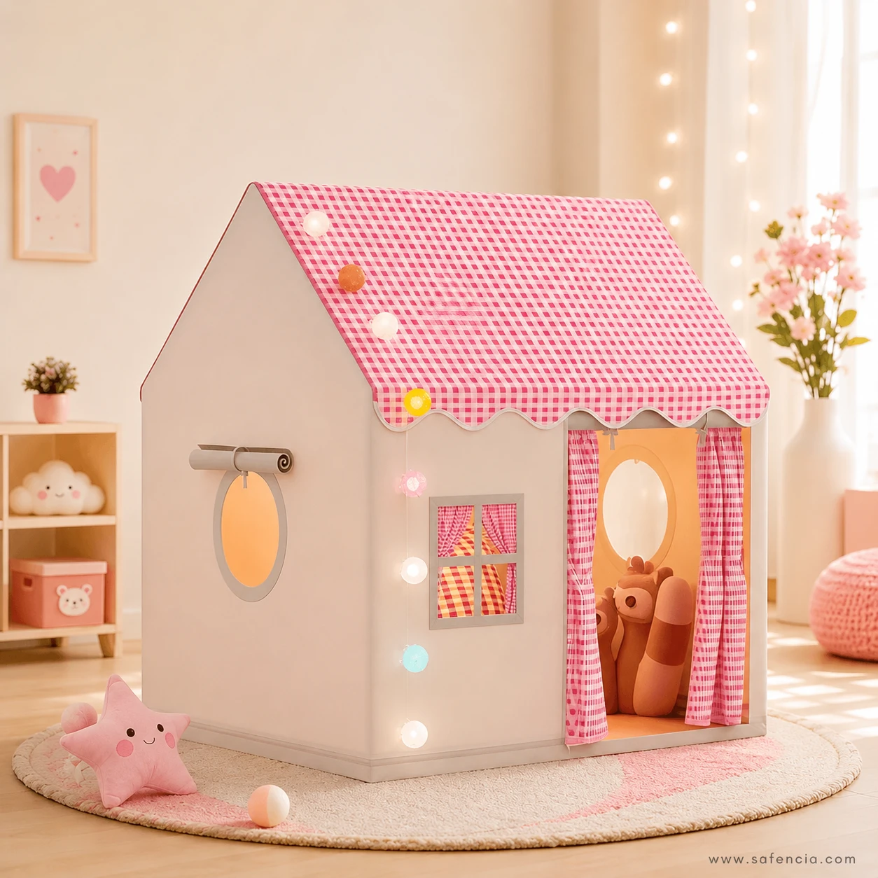Cottage playhouse tent from an angle showing the oval side window, rolled awning and open front doorway