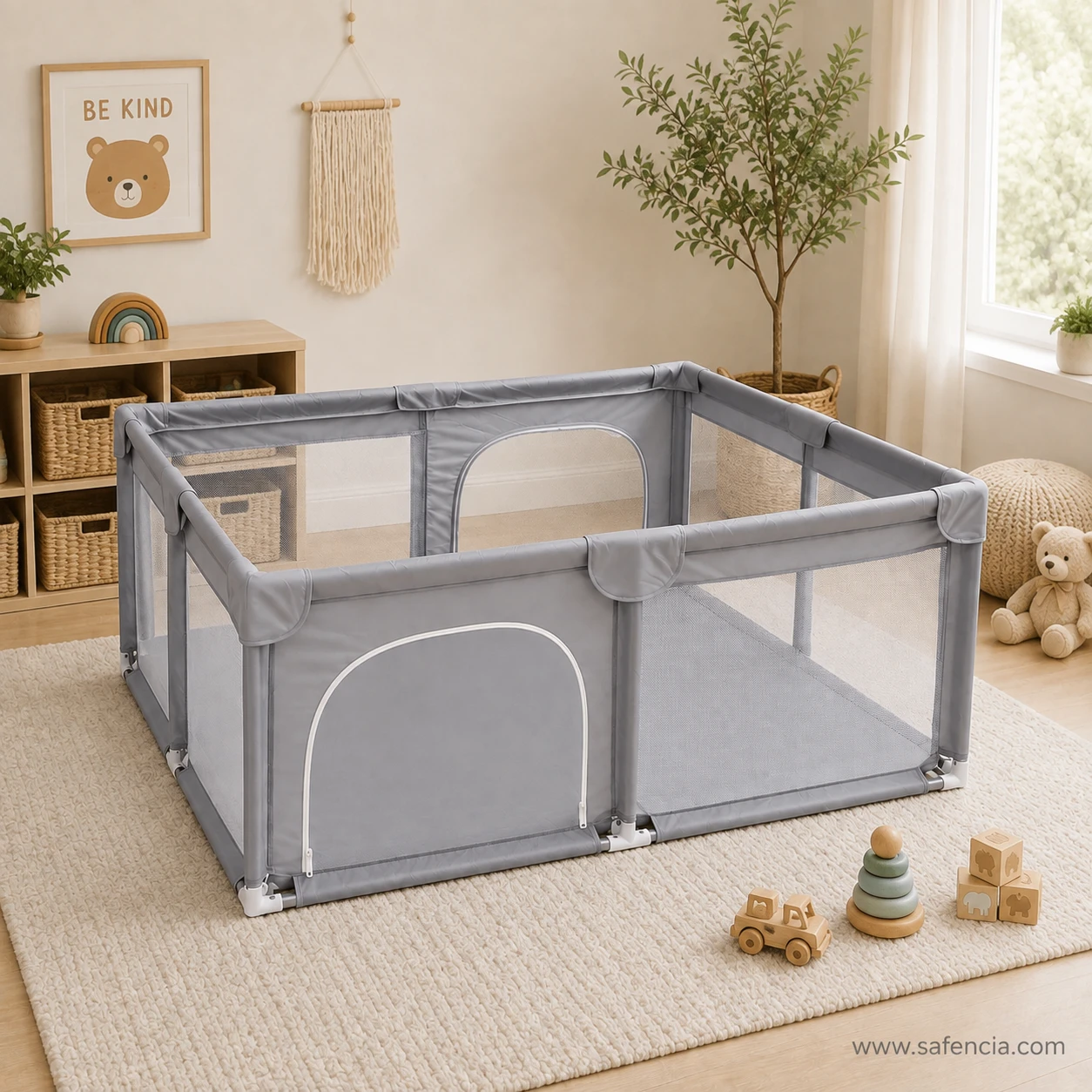 Corner view of a grey baby playpen showing mesh panels, arched openings and white feet at the base