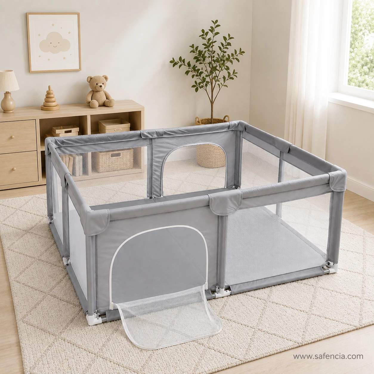 Grey baby playpen with the arched zip door unzipped and folded flat onto the floor as a mesh flap