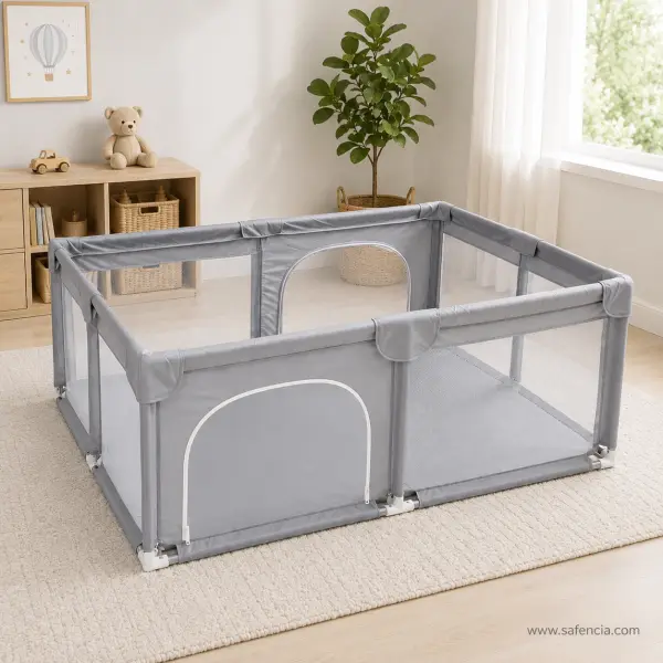 Large Grey Baby Playpen with Mesh Sides and Fold-Down Door