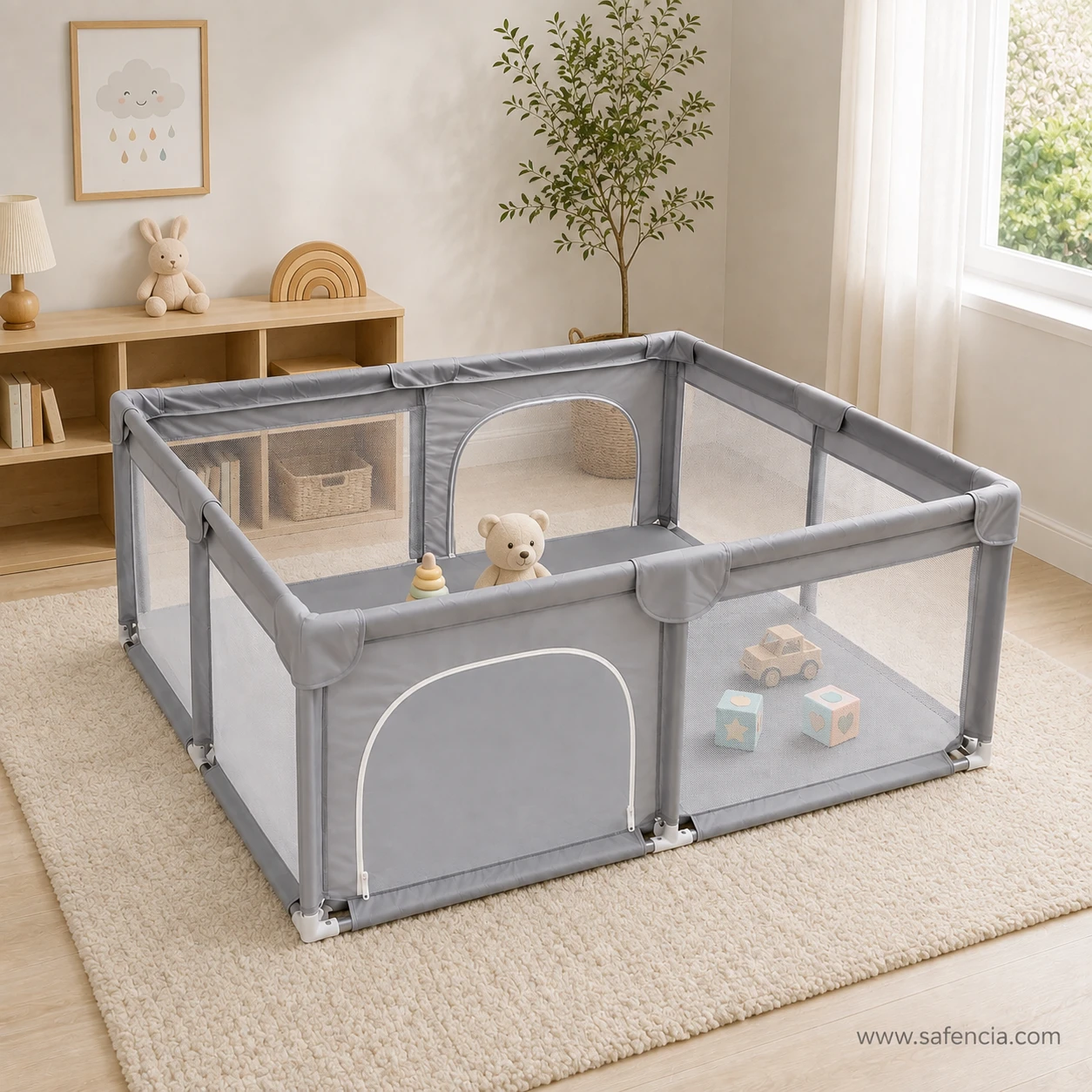 Grey baby playpen on a rug with wooden toys and a soft toy placed inside to show the size of the pen
