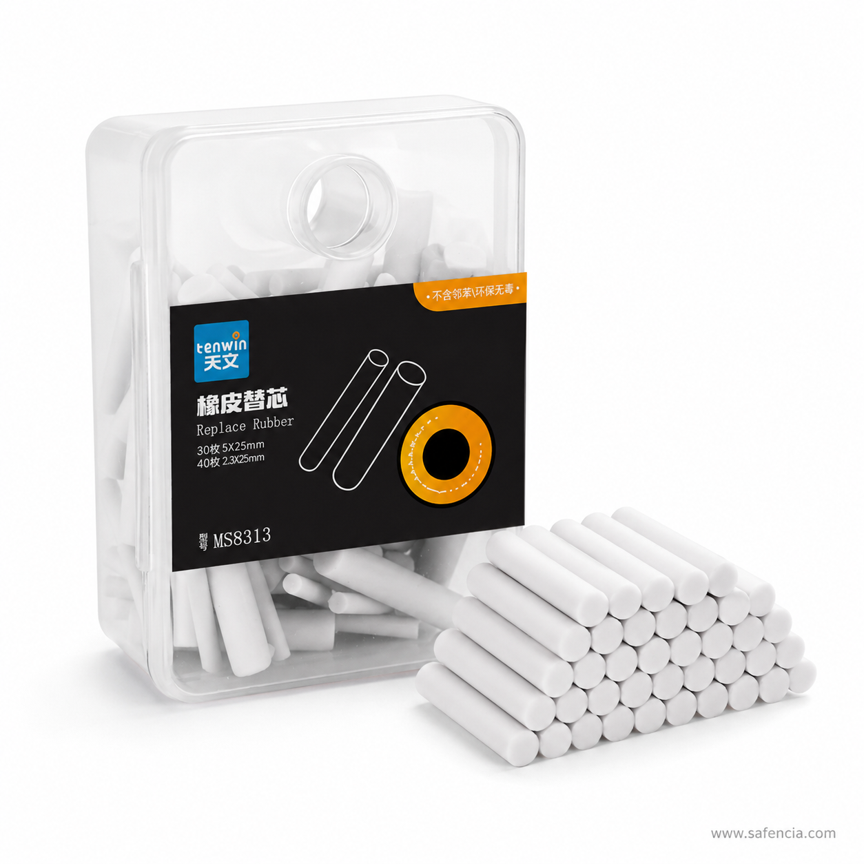 Angled view of the Tenwin MS8313 refill case showing the loose cores inside through the clear walls, with rows of white 5 mm eraser cores stacked alongside
