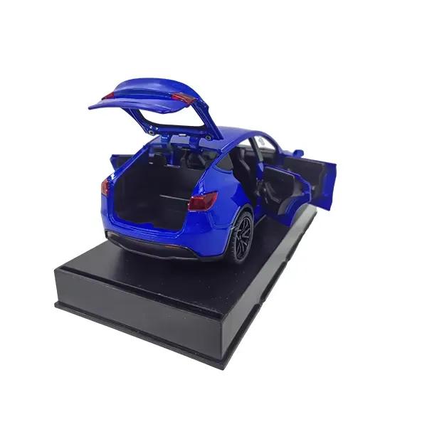 Metallic blue Tesla Model Y diecast model with doors and rear boot open on a display stand