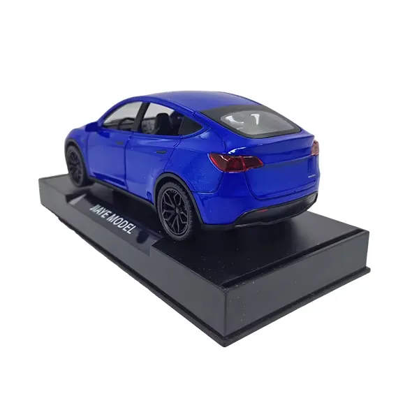 Metallic blue Tesla Model Y diecast model car rear three-quarter view on a black stand
