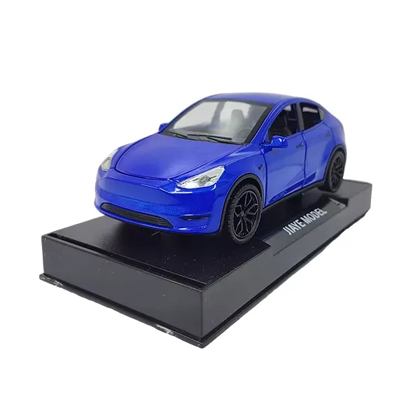 Metallic blue Tesla Model Y diecast model car side three-quarter view on a black stand