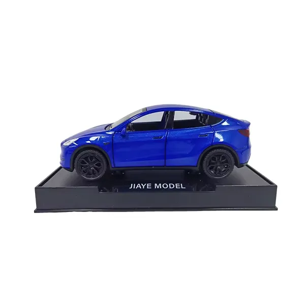 Metallic blue Tesla Model Y diecast model car full side profile view on a display base