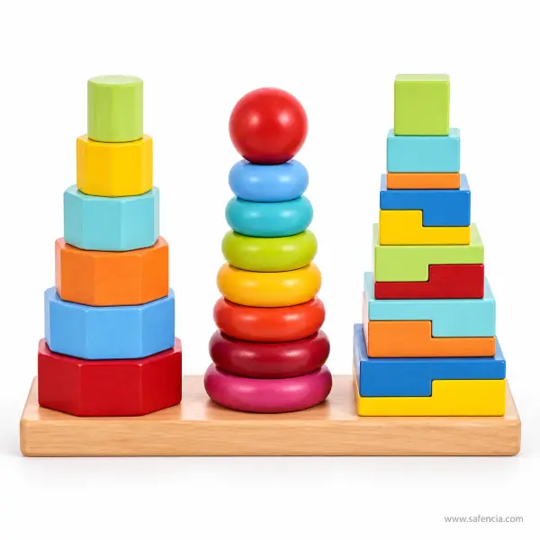 Three-Column Wooden Stacking Tower (Hexagon Stack, Rainbow Rings and Step-Block Tower)