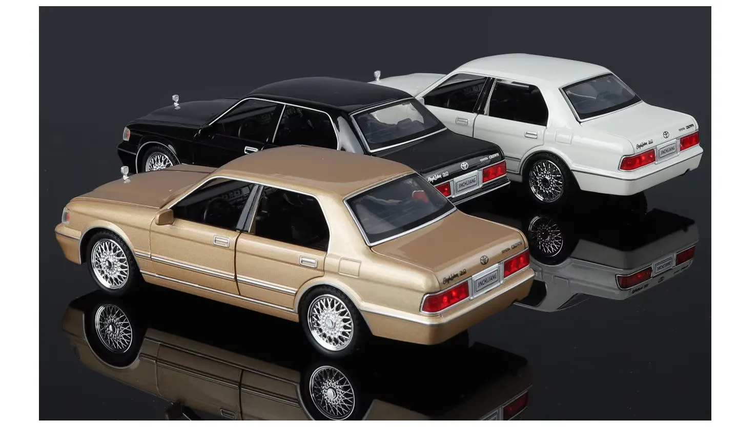 Toyota Crown S130 diecast models shown together in black, champagne gold and white