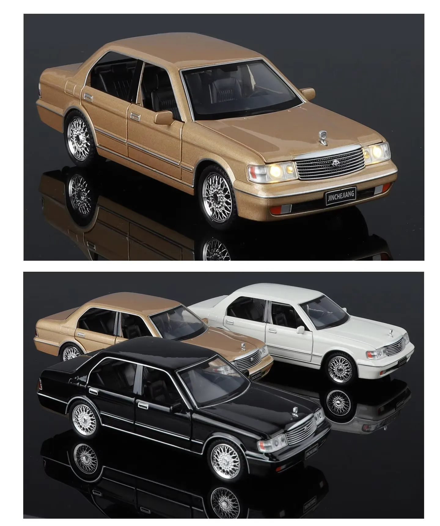 Champagne gold 1987 Toyota Crown S130 diecast model car side view with fine wheels