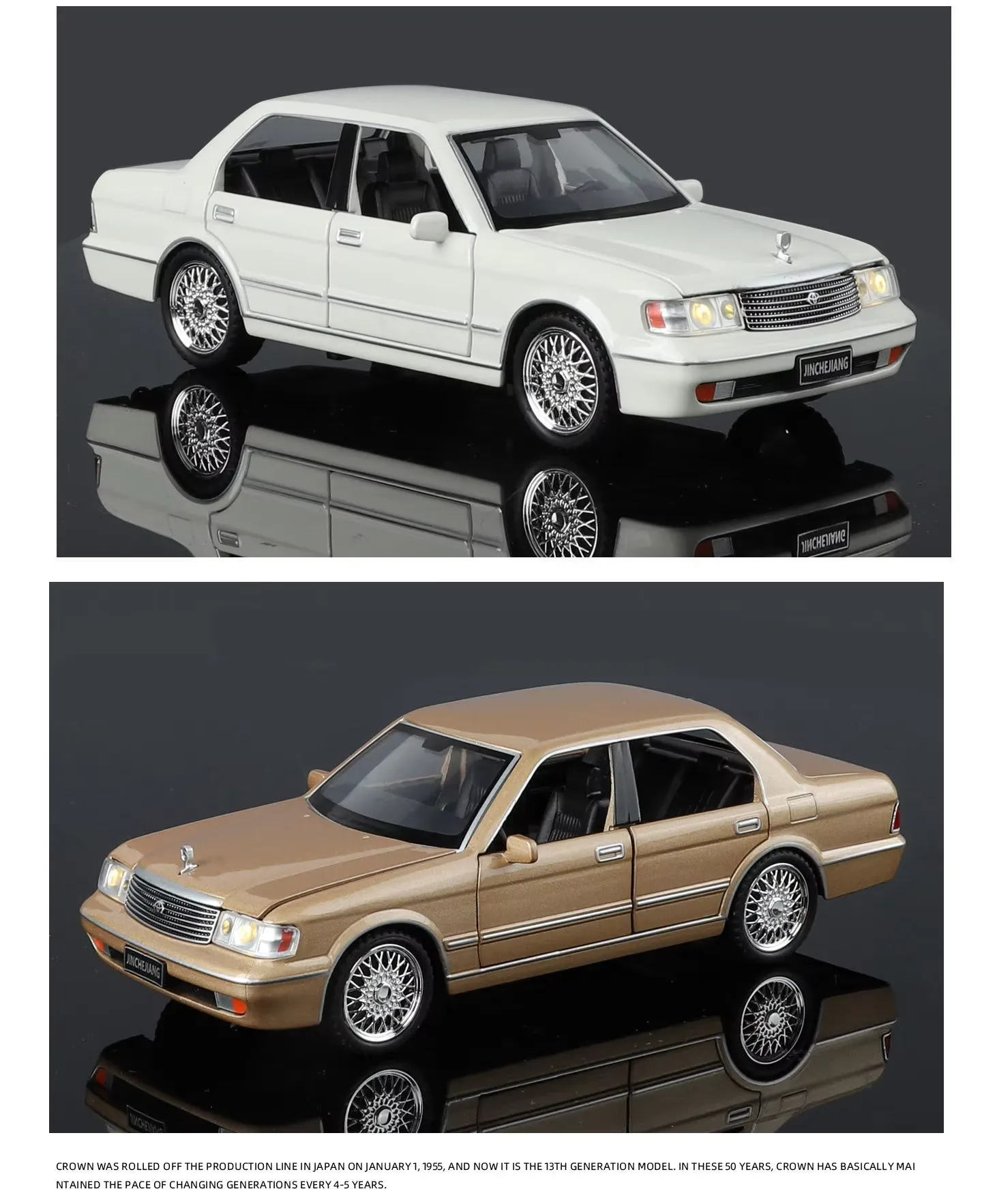 White and champagne gold Toyota Crown S130 diecast models showing chrome and body detail