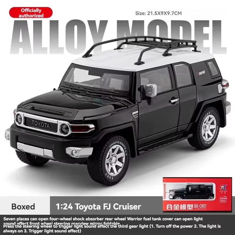 Black Toyota FJ Cruiser 1:24 diecast model car with white roof shown boxed