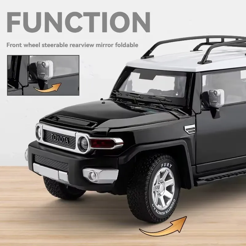 Black Toyota FJ Cruiser diecast model showing front wheel steering and foldable rearview mirror function